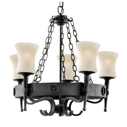 Cartwheel 5LT Ceiling Pendant - Black Iron & Sanded Glass