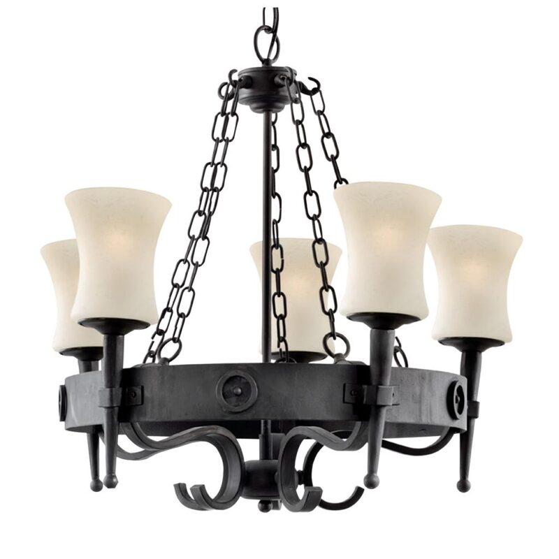 Cartwheel II 5LT Ceiling Pendant - Black Iron & Sanded Glass