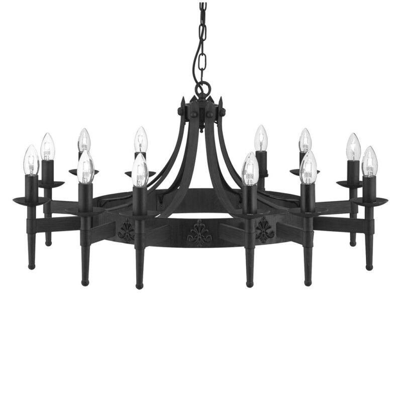 Cartwheel 8LT Ceiling Pendant- Black Iron & Sanded Glass