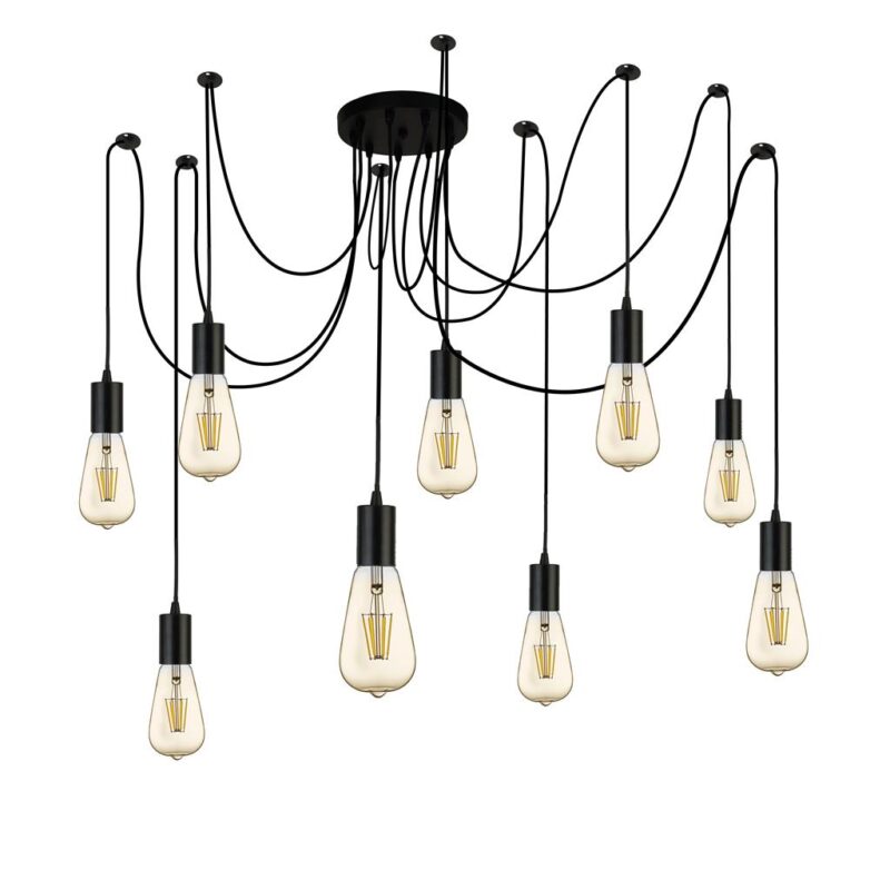 Squiggle 9LT Ceiling Pendant- Black Metal & Cables