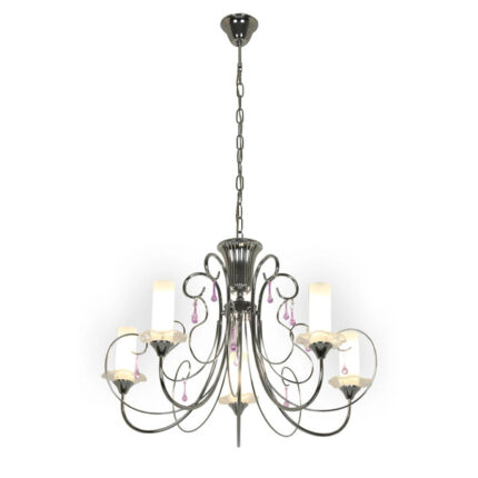 Opal Cylinder Glass Chrome Candle Metal Arm Ceiling Chandelier Light E14